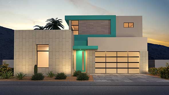 Elan artist's rendering of plan 2B front elevation.