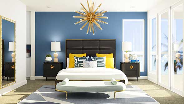 artist rendering townhome with designer furnishings.